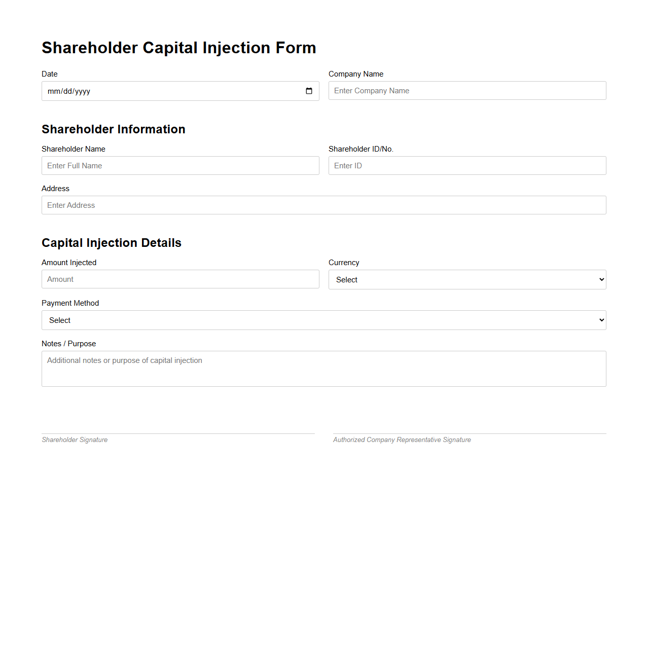 Shareholder Capital Injection Form Example