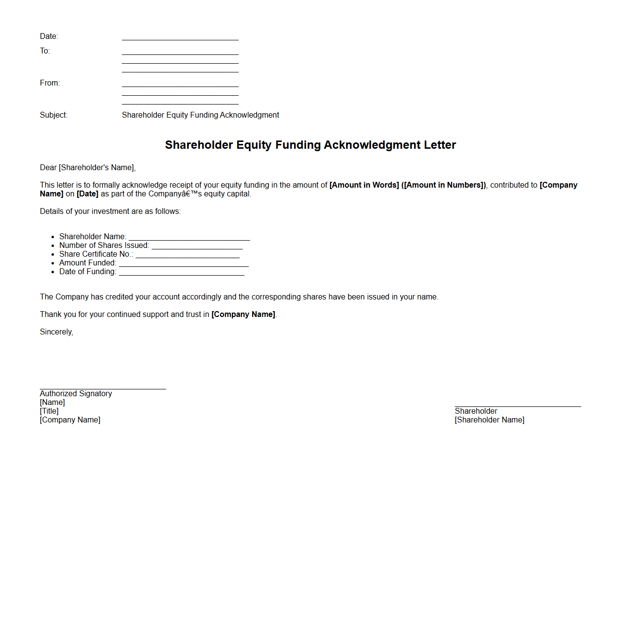 Shareholder Equity Funding Acknowledgment Letter