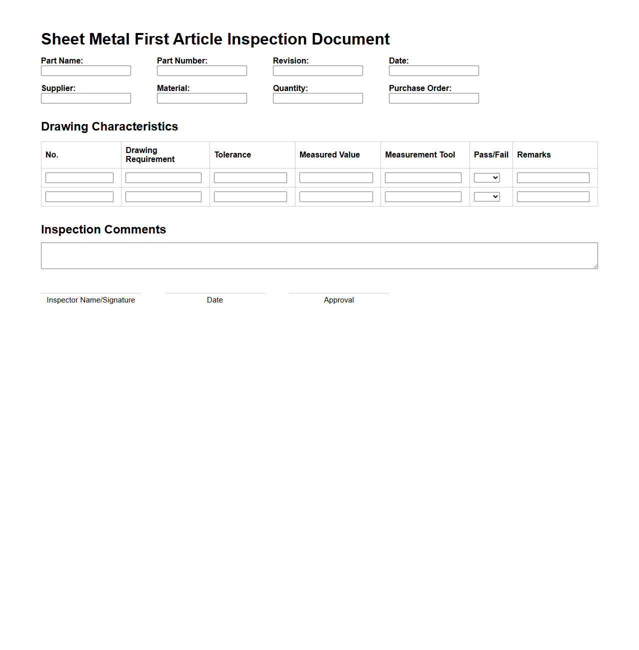 Sheet Metal First Article Inspection Document for New Parts