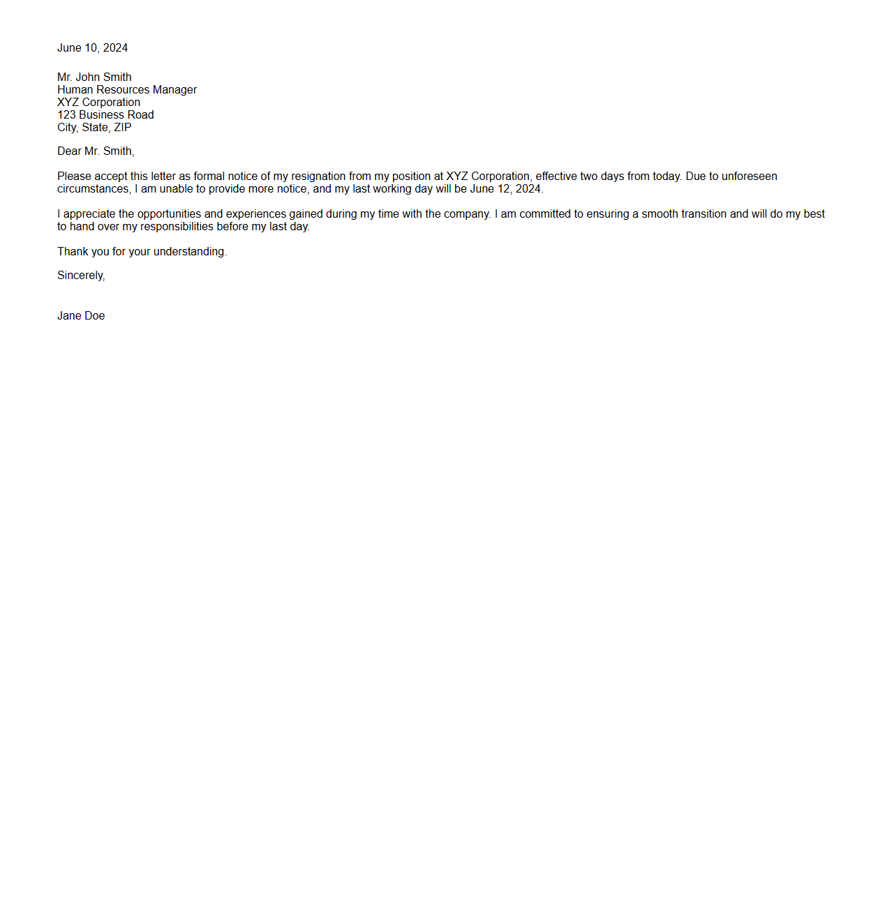 Short Notice Resignation Letter for Voluntary Exit