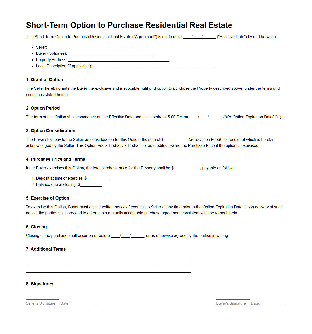 Short-Term Option to Purchase Residential Real Estate