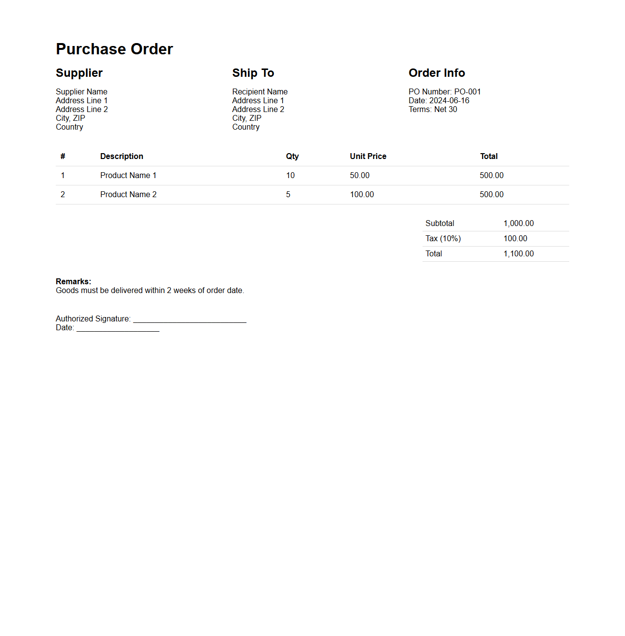 Simple Goods Purchase Order Document Sample