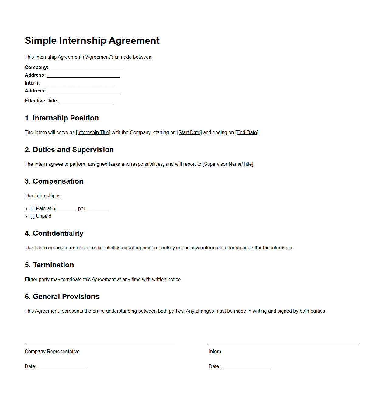 Simple Internship Agreement for Small Companies