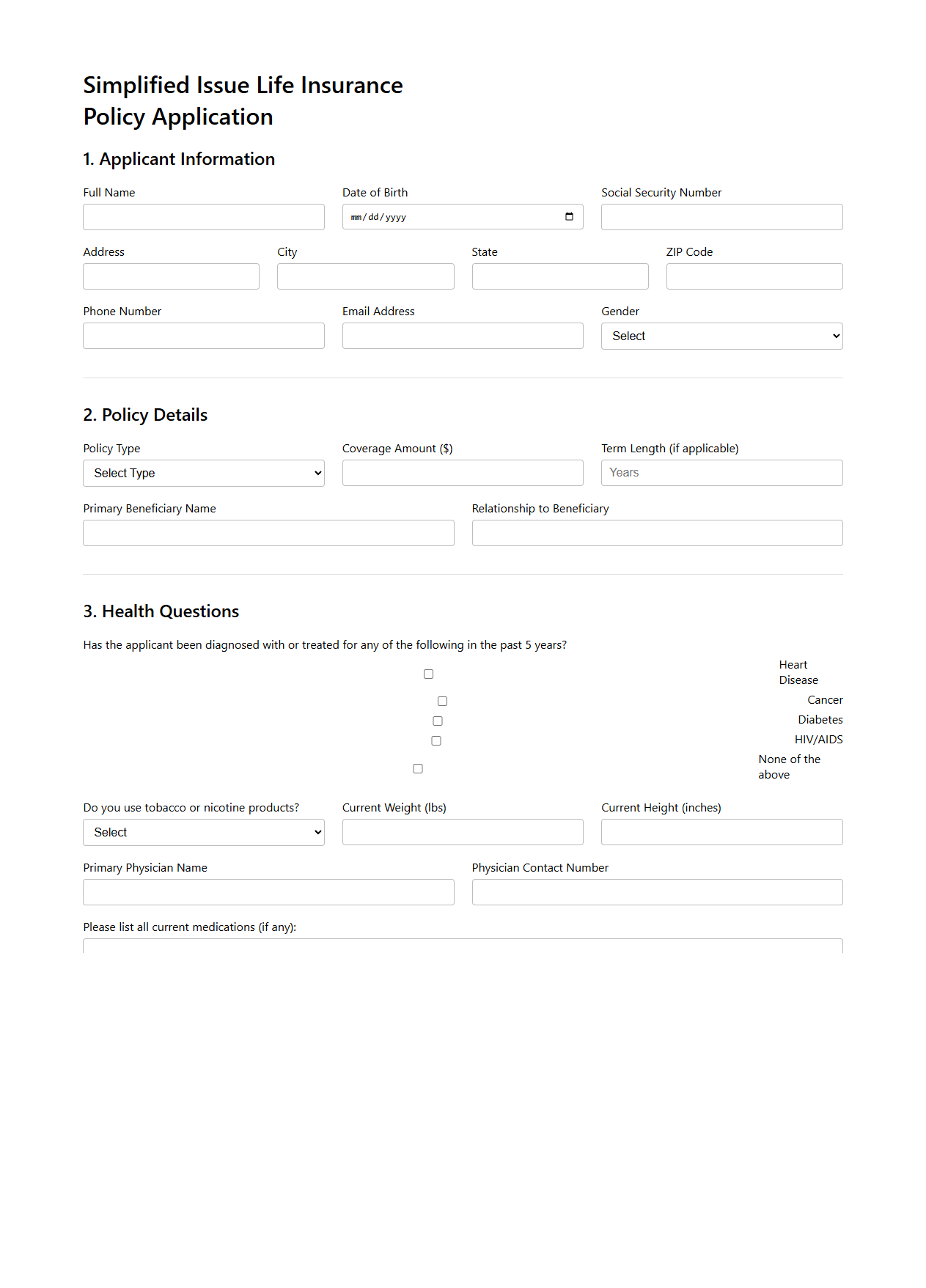 Simplified Issue Life Insurance Policy Application Sample