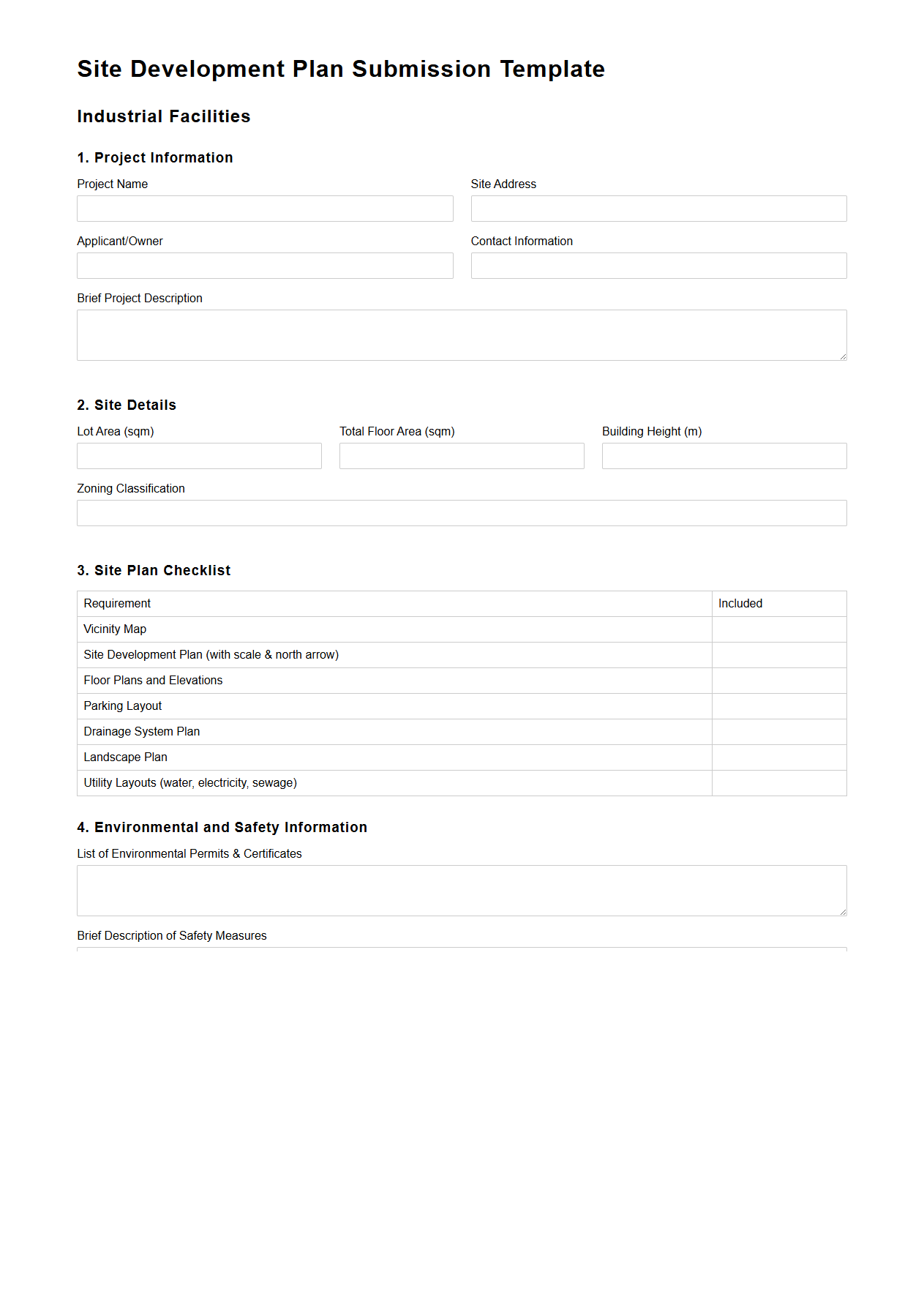 Site Development Plan Submission Template for Industrial Facilities