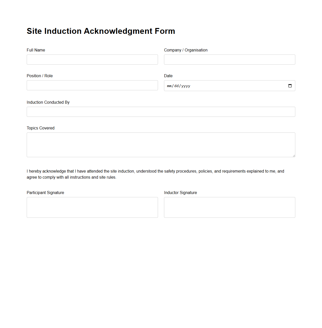 Site Induction Acknowledgment Form
