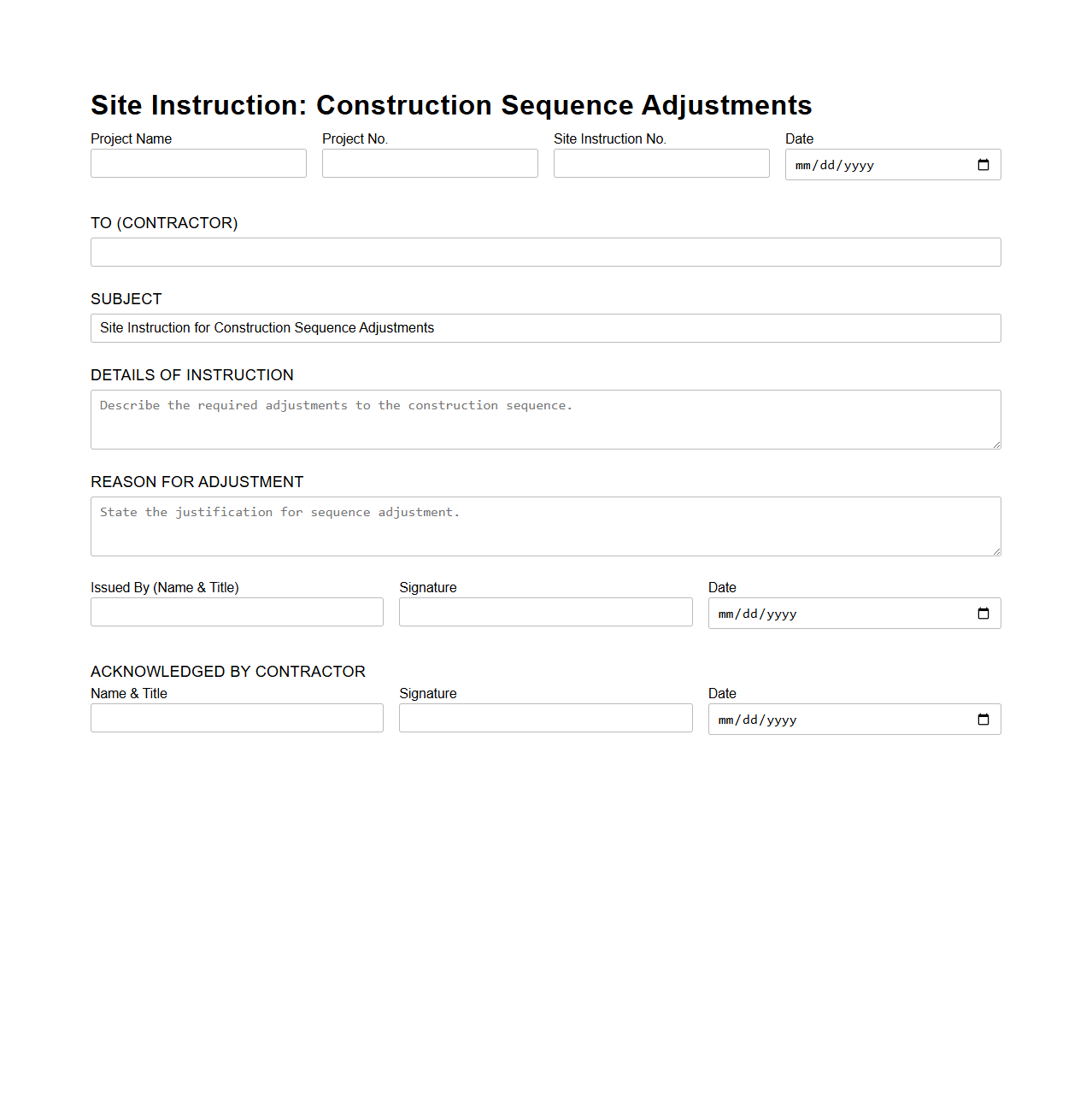 Site Instruction for Construction Sequence Adjustments