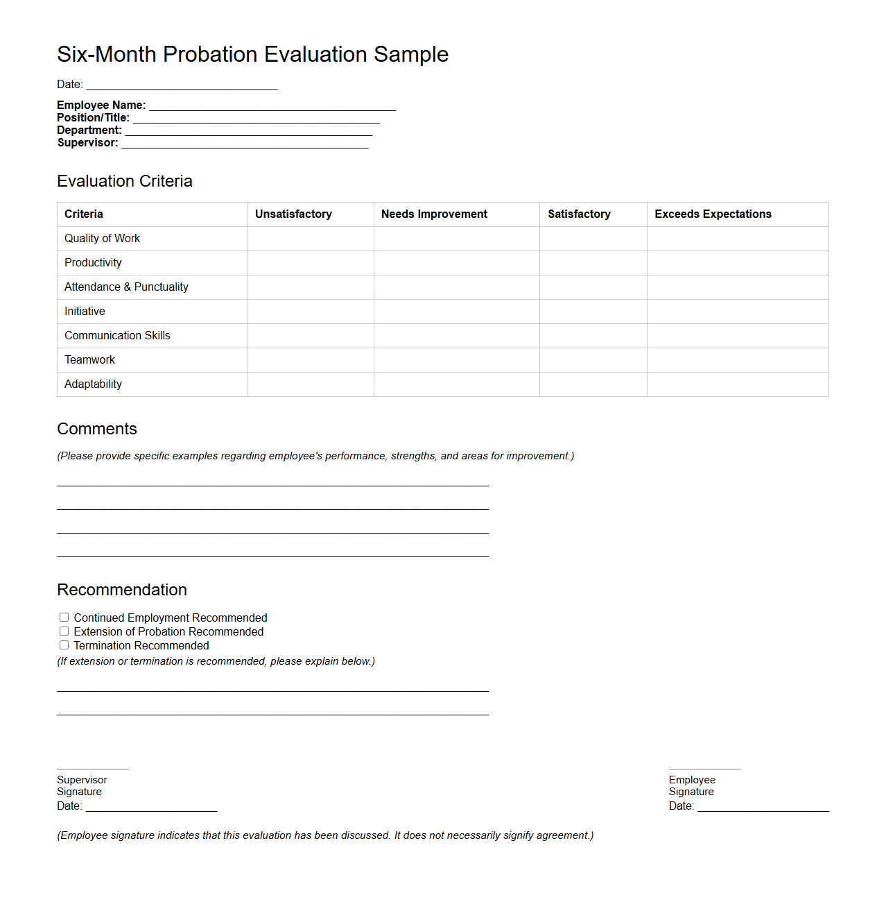 Six-Month Probation Evaluation Sample for Staff
