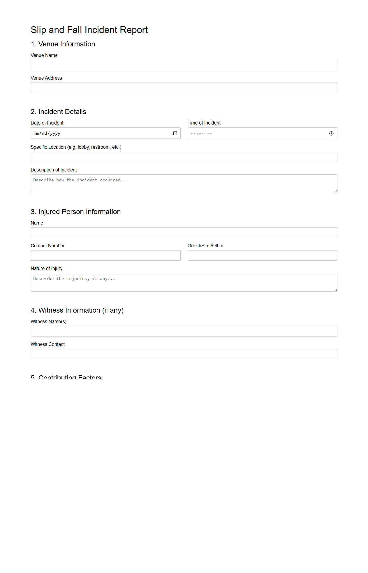 Slip and Fall Incident Report Template for Hospitality Venues