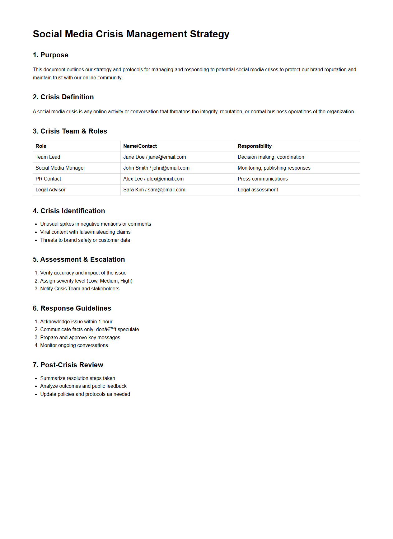 Social Media Crisis Management Strategy Document Sample
