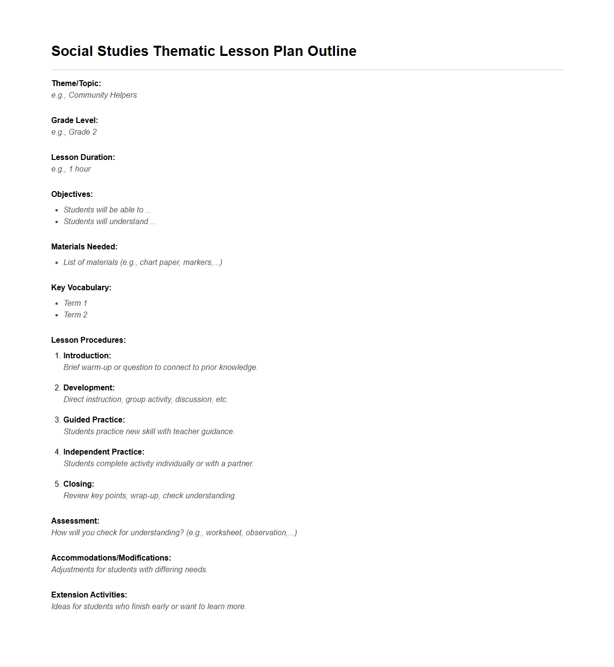 Social Studies Thematic Lesson Plan Outline for Lower Grades