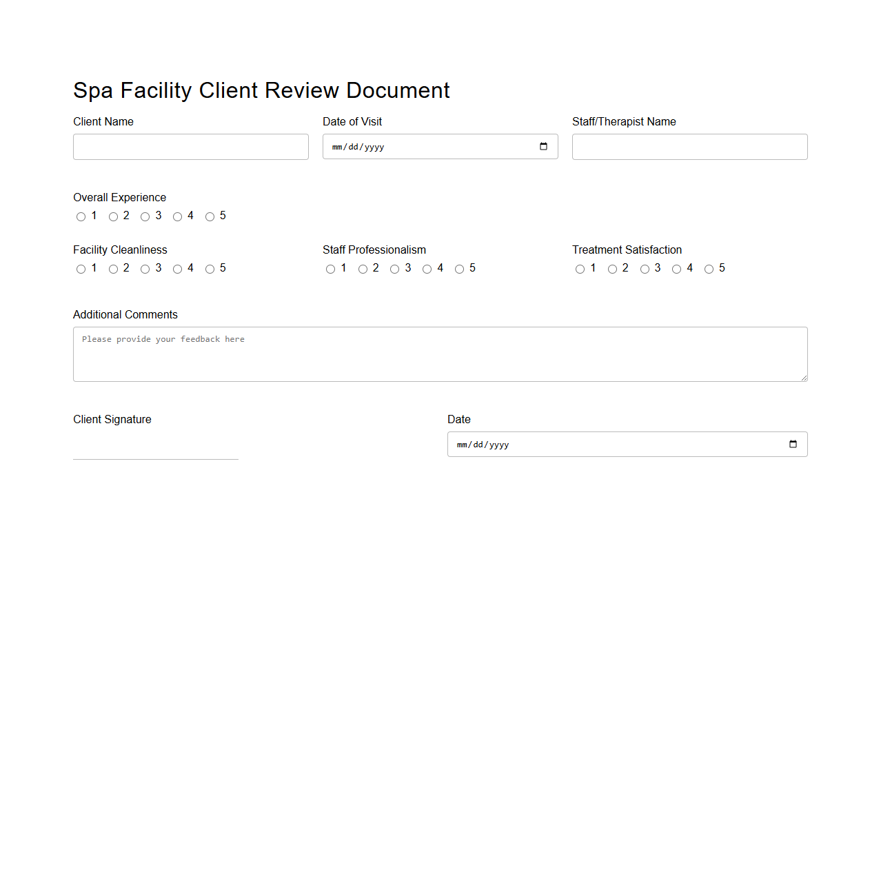 Spa Facility Client Review Document