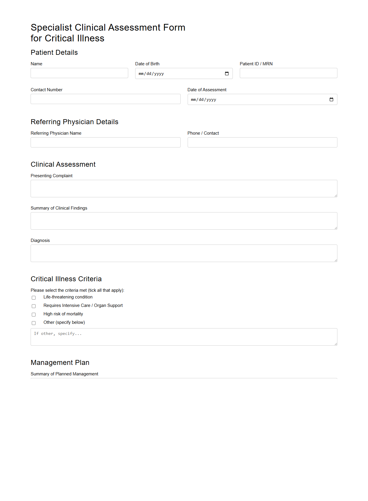 Specialist Clinical Assessment Form for Critical Illness