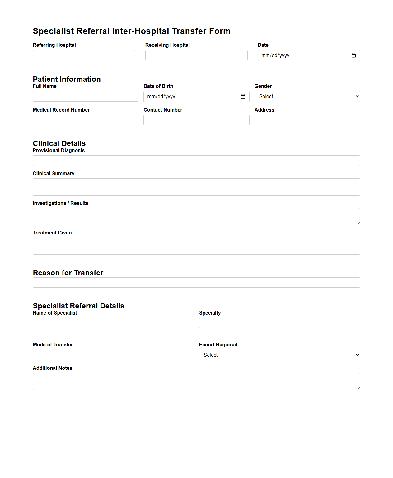 Specialist Referral Inter-Hospital Transfer Form