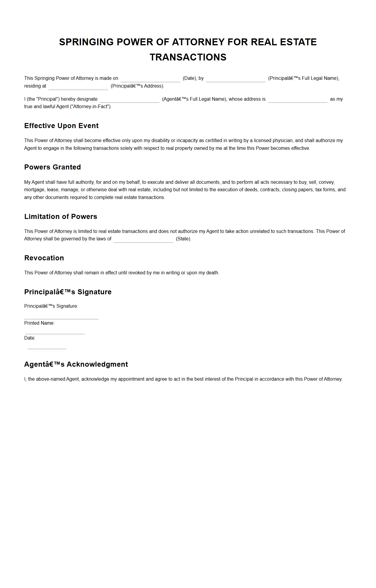 Springing Power of Attorney for Real Estate Transactions