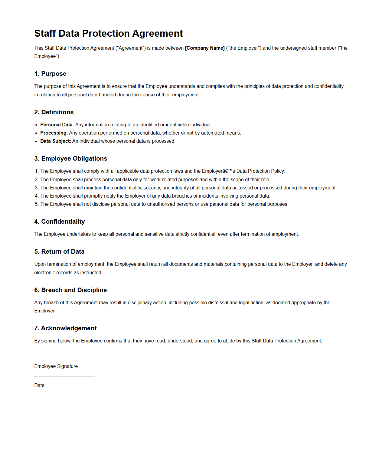 Staff Data Protection Agreement Sample