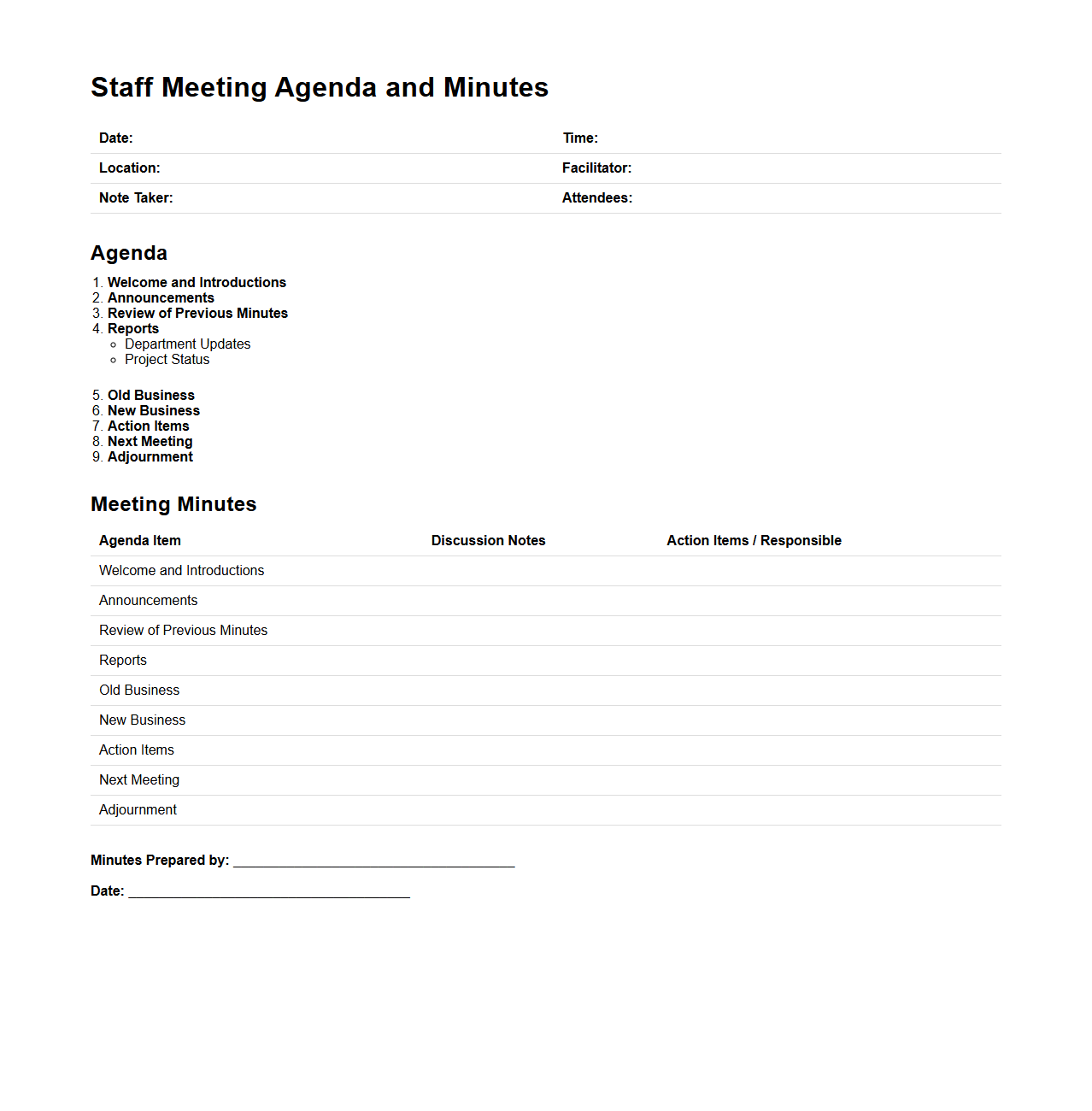 Staff Meeting Agenda and Minutes