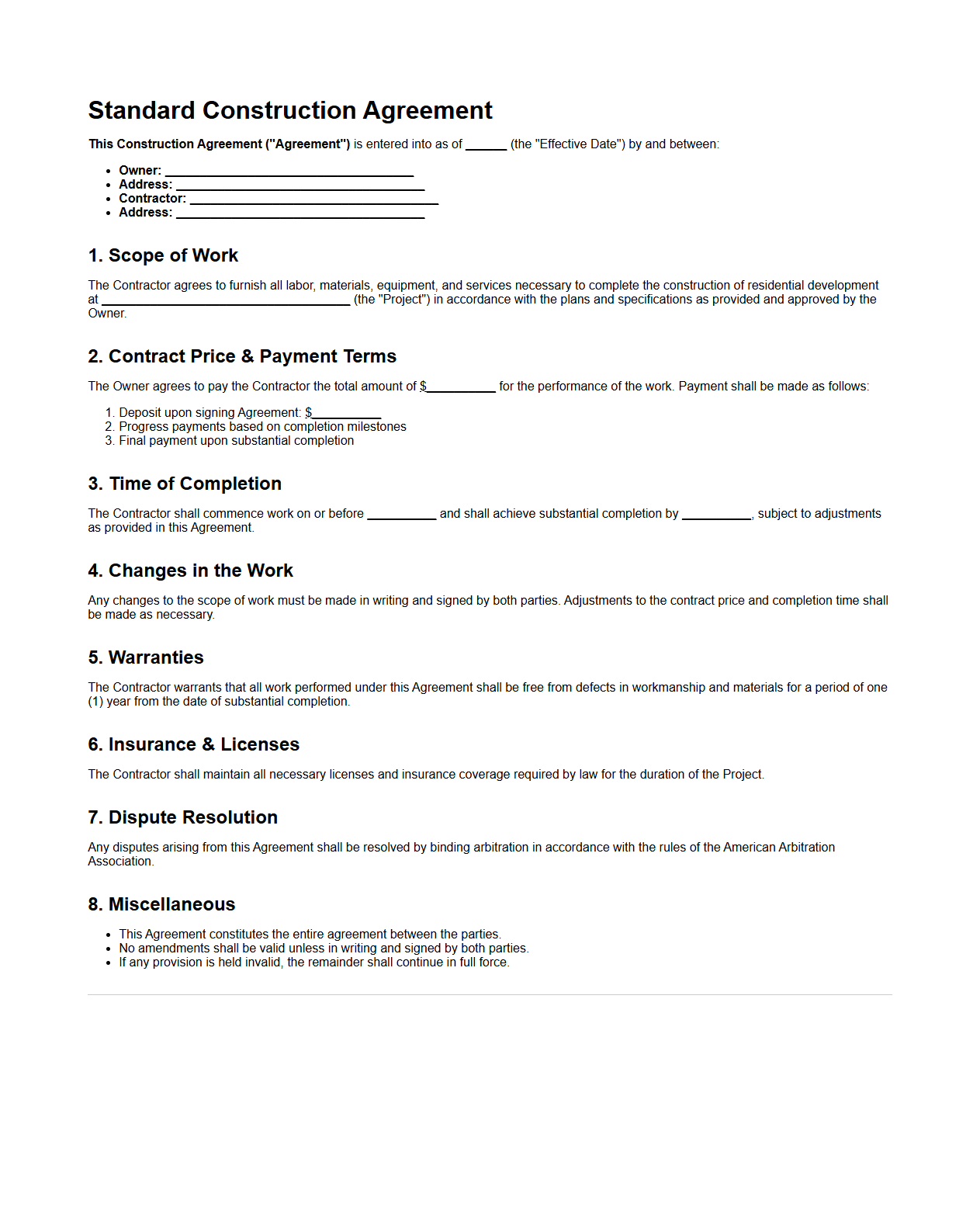Standard Construction Agreement Sample for Residential Developments