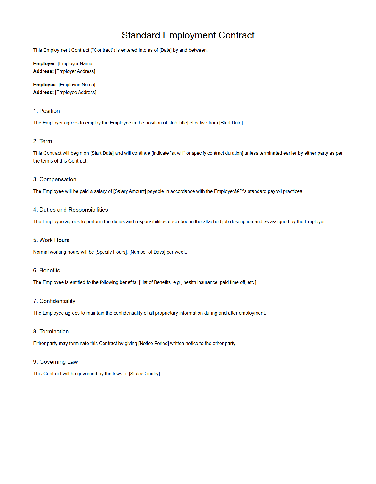 Standard Employment Contract Template