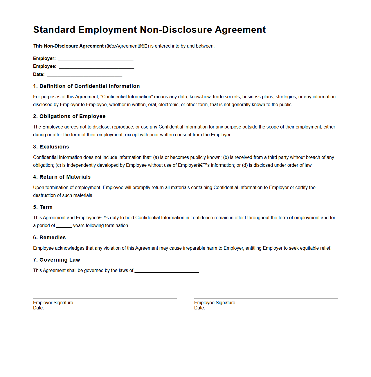 Standard Employment Non-Disclosure Contract
