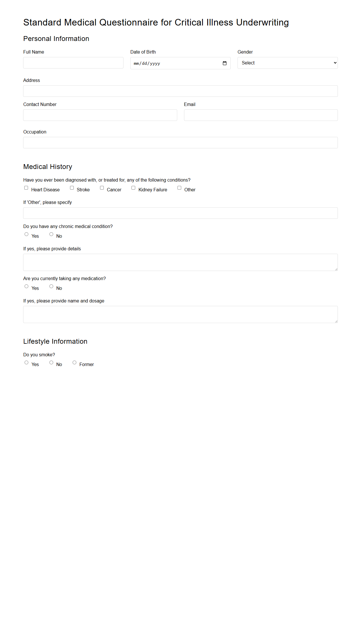 Standard Medical Questionnaire for Critical Illness Underwriting