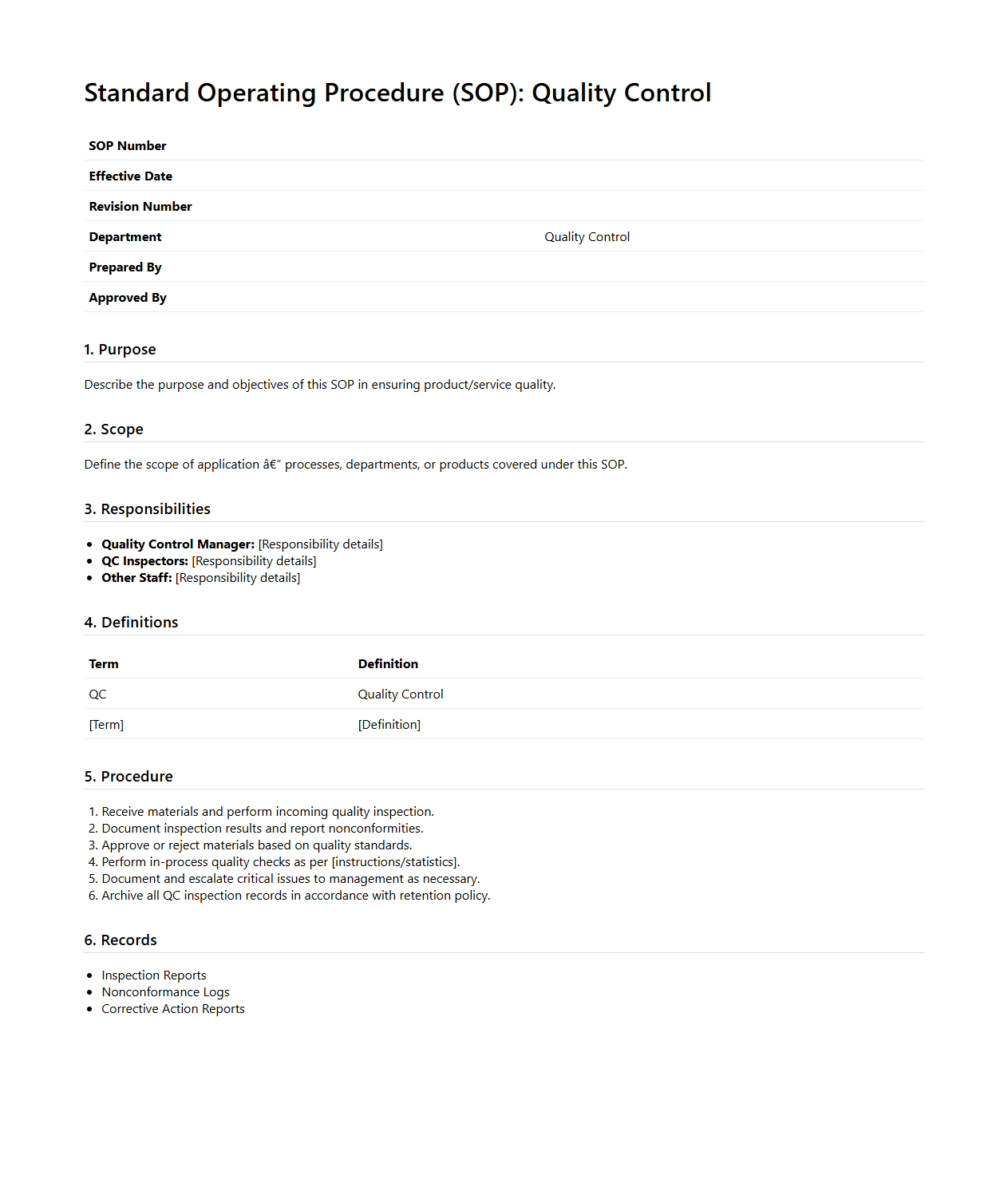 Standard Operating Procedure (SOP) Template for Quality Control