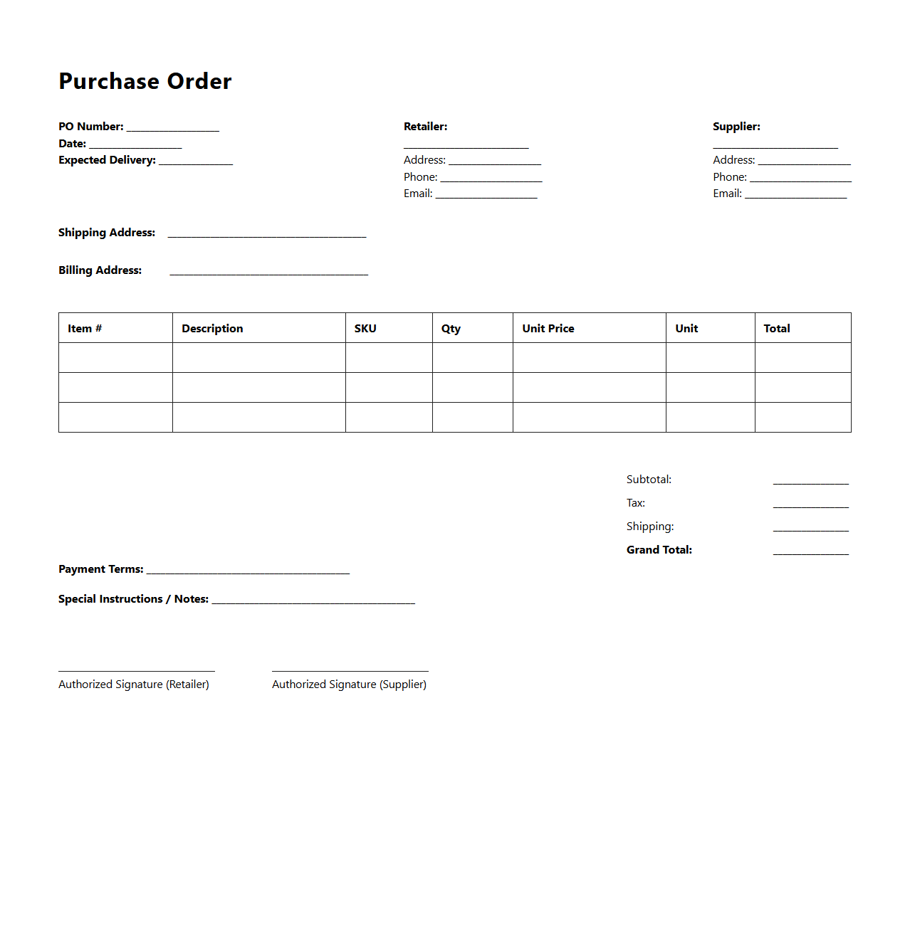 Standard Retail Supply Purchase Order Document