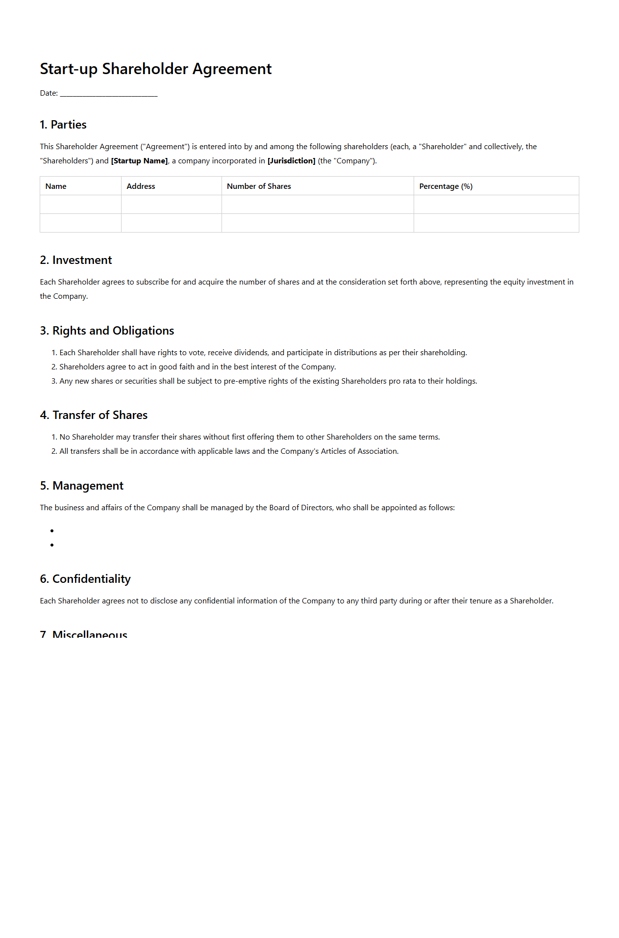 Start-up Shareholder Agreement for Equity Investment