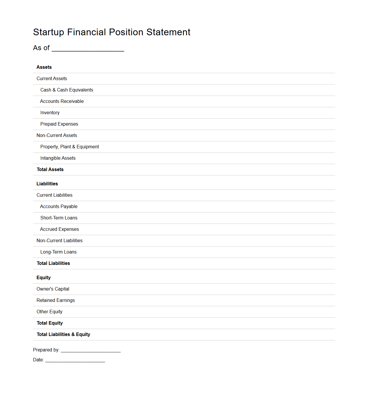 Startup Financial Position Statement Sample