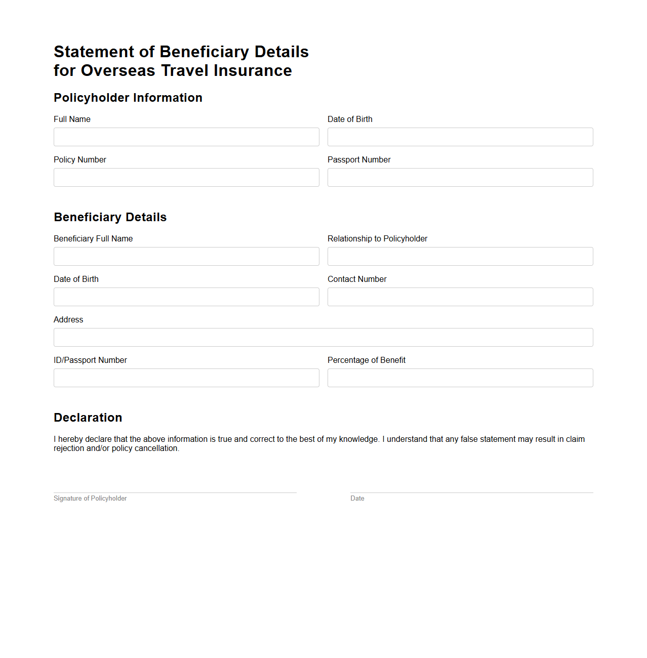 Statement of Beneficiary Details for Overseas Travel Insurance