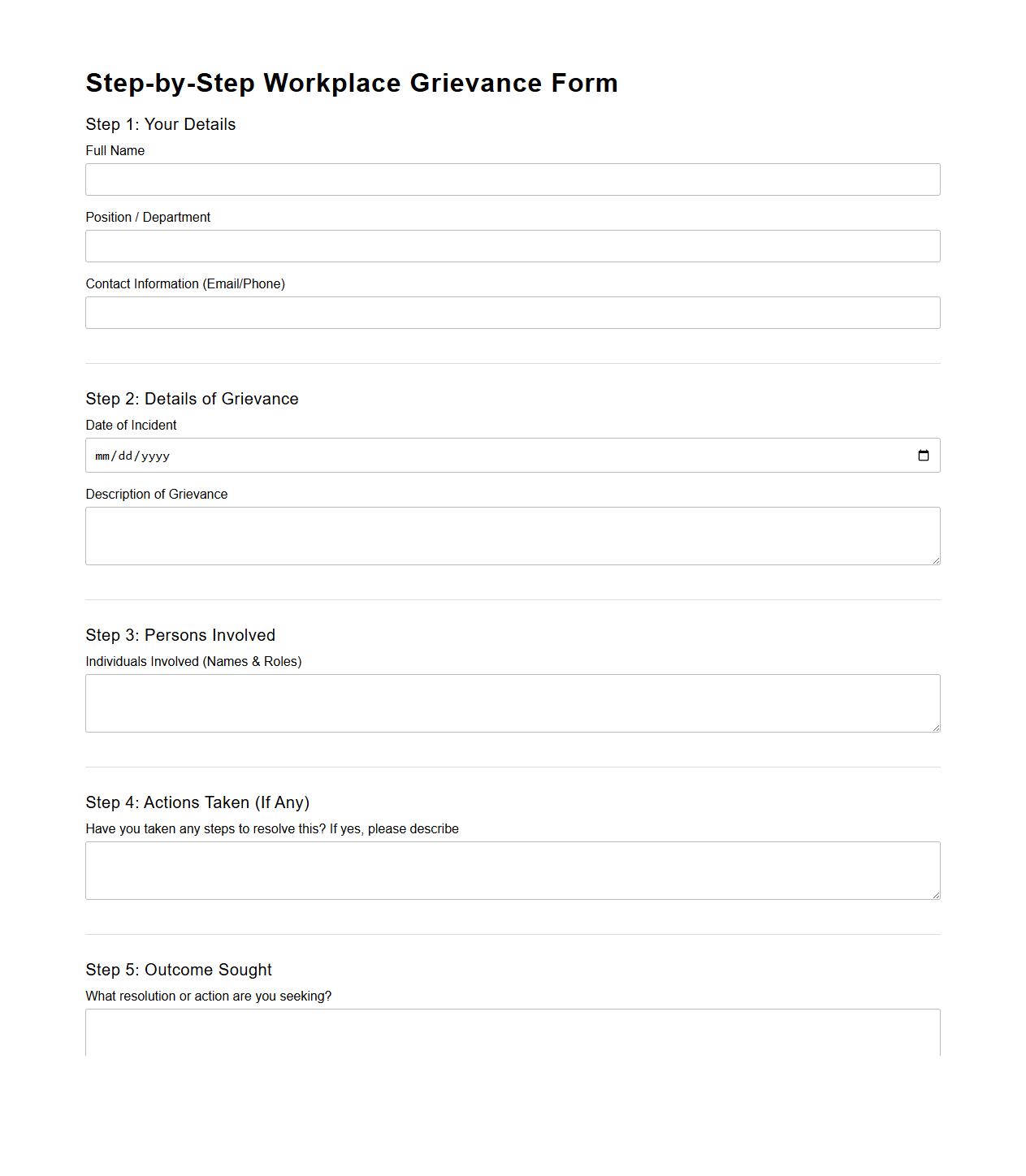 Step-by-Step Workplace Grievance Form Layout