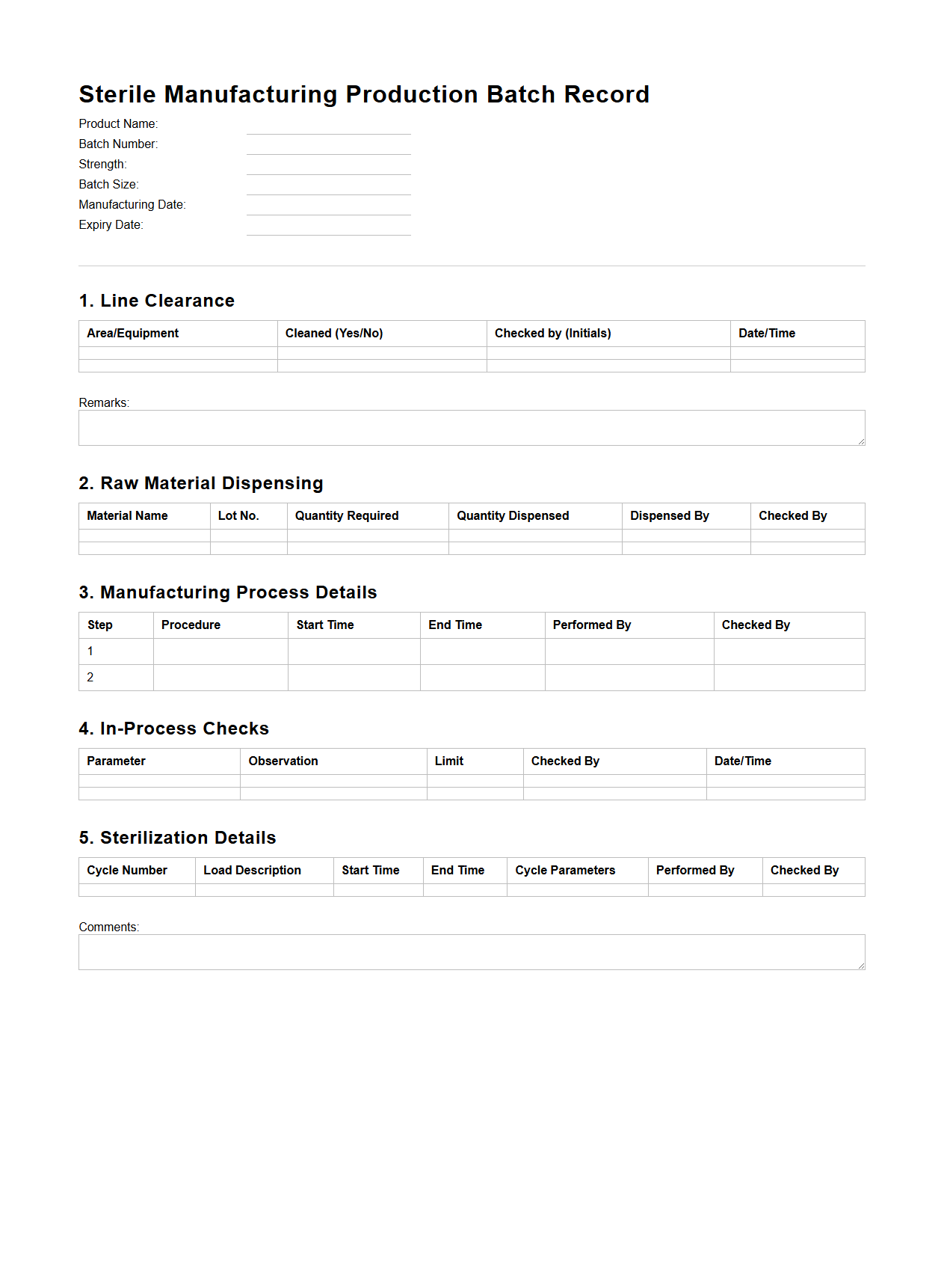 Sterile Manufacturing Production Batch Record Template