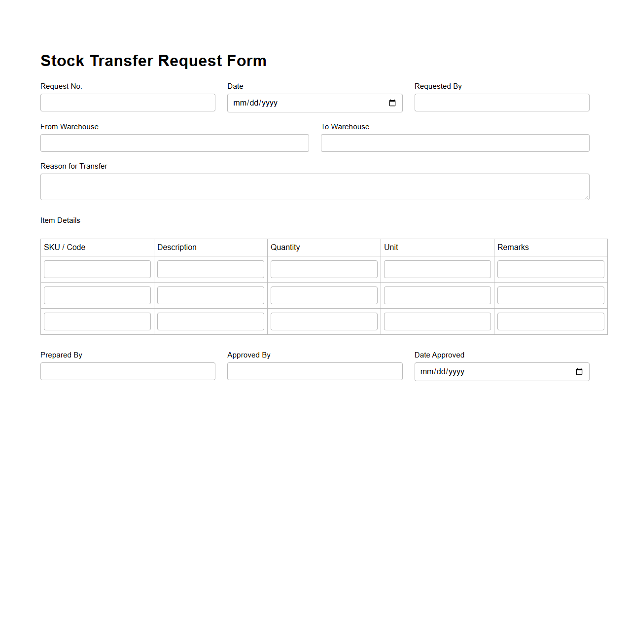 Stock Transfer Request Form Template for Retail Warehousing