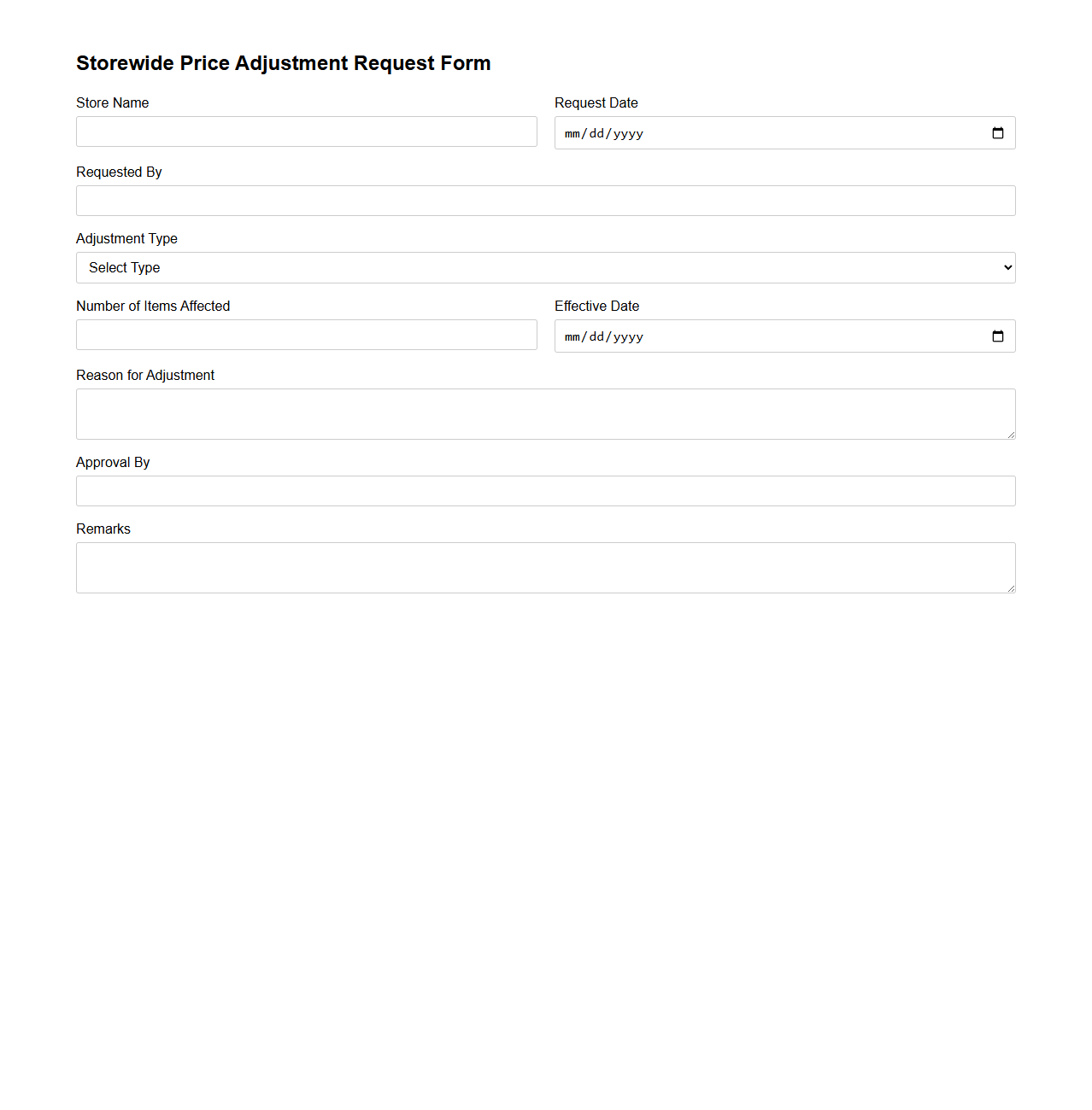 Storewide Price Adjustment Request Form