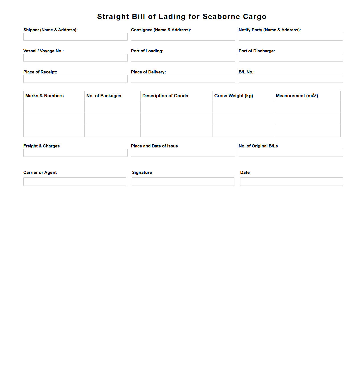 Straight Bill of Lading for Seaborne Cargo