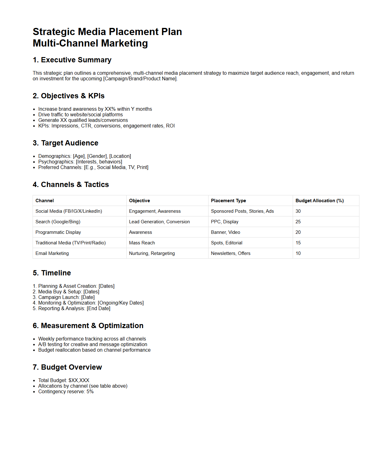 Strategic Media Placement Plan for Multi-Channel Marketing