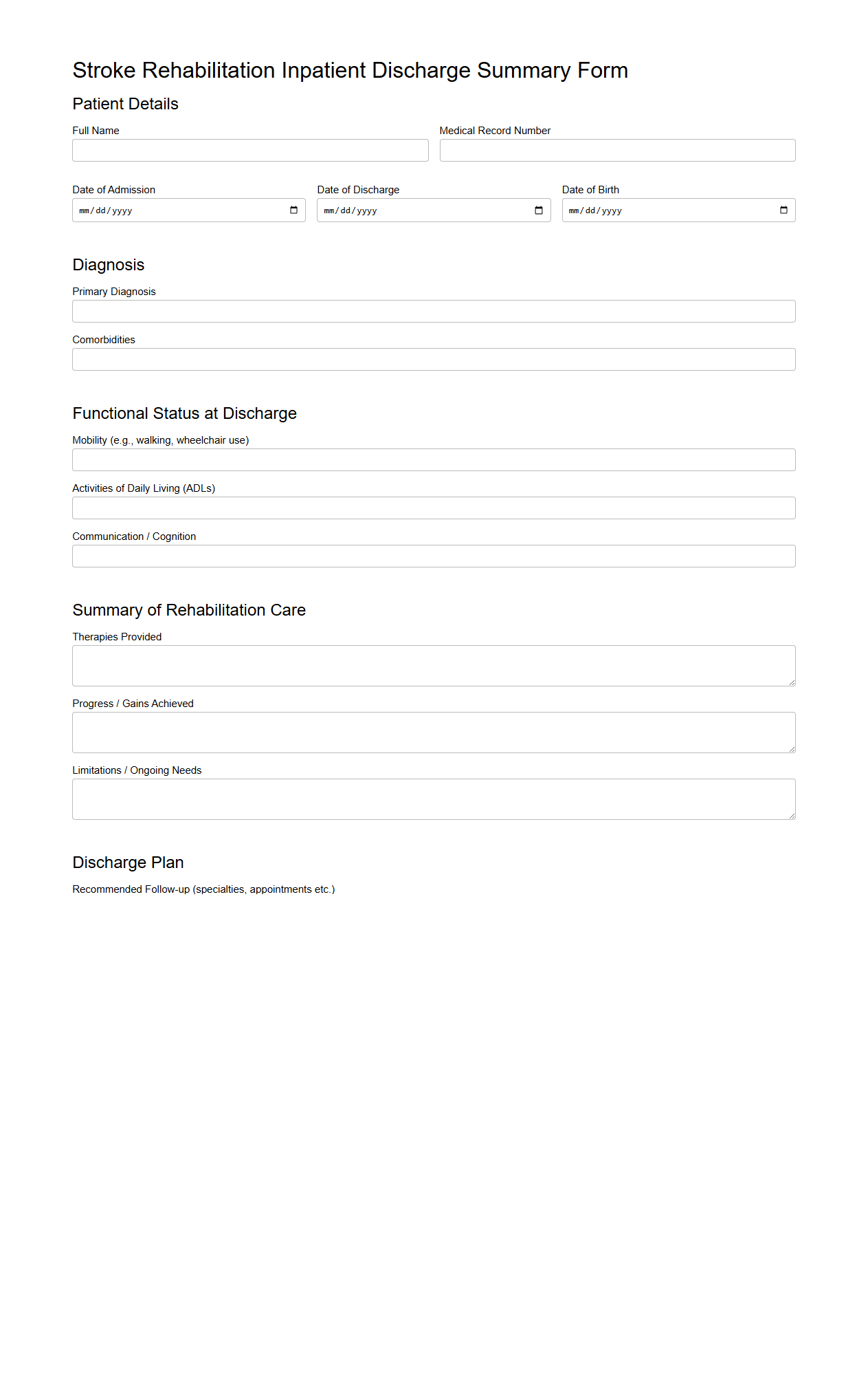Stroke Rehabilitation Inpatient Discharge Summary Form