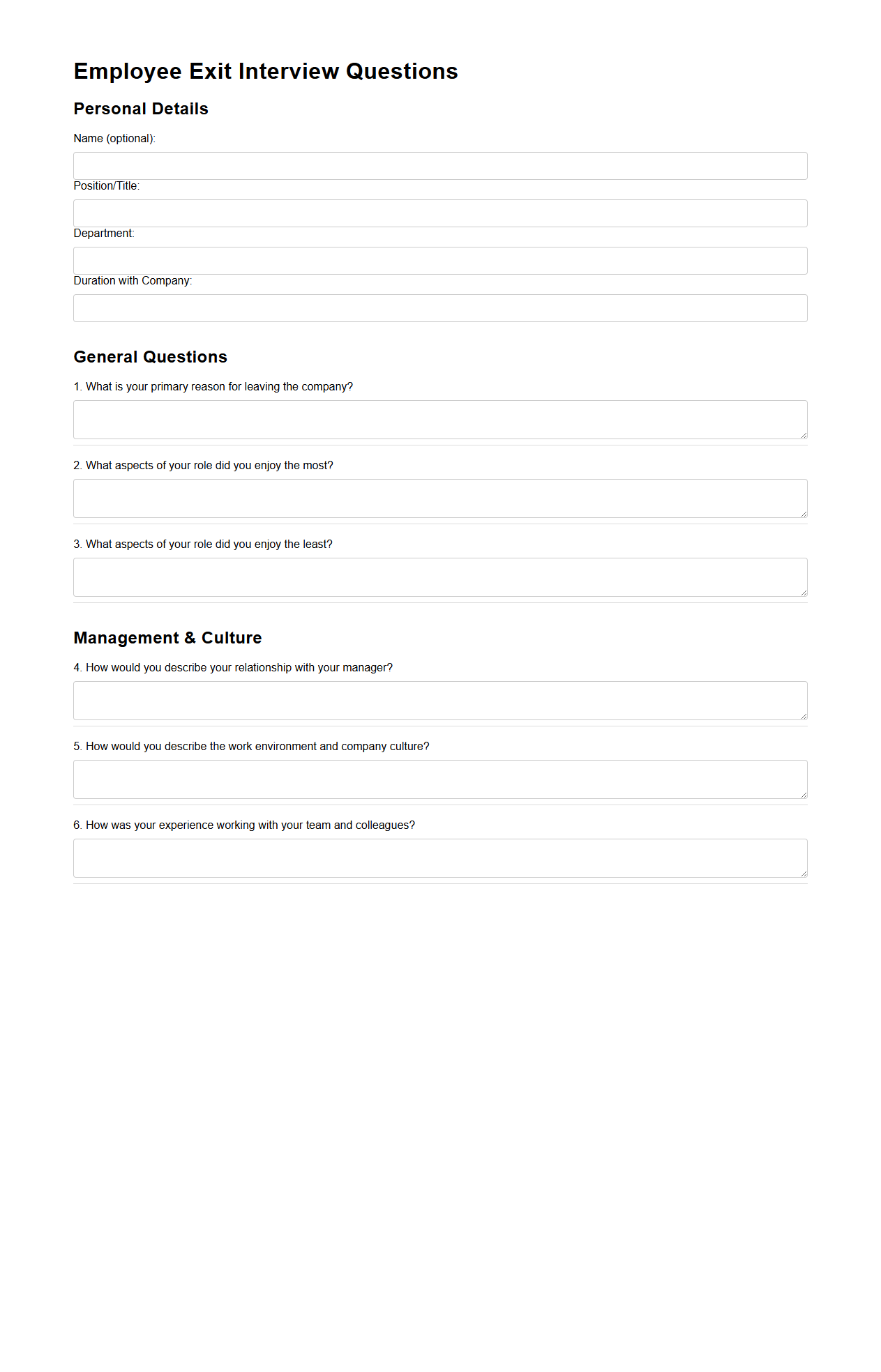 Structured Employee Exit Interview Questions