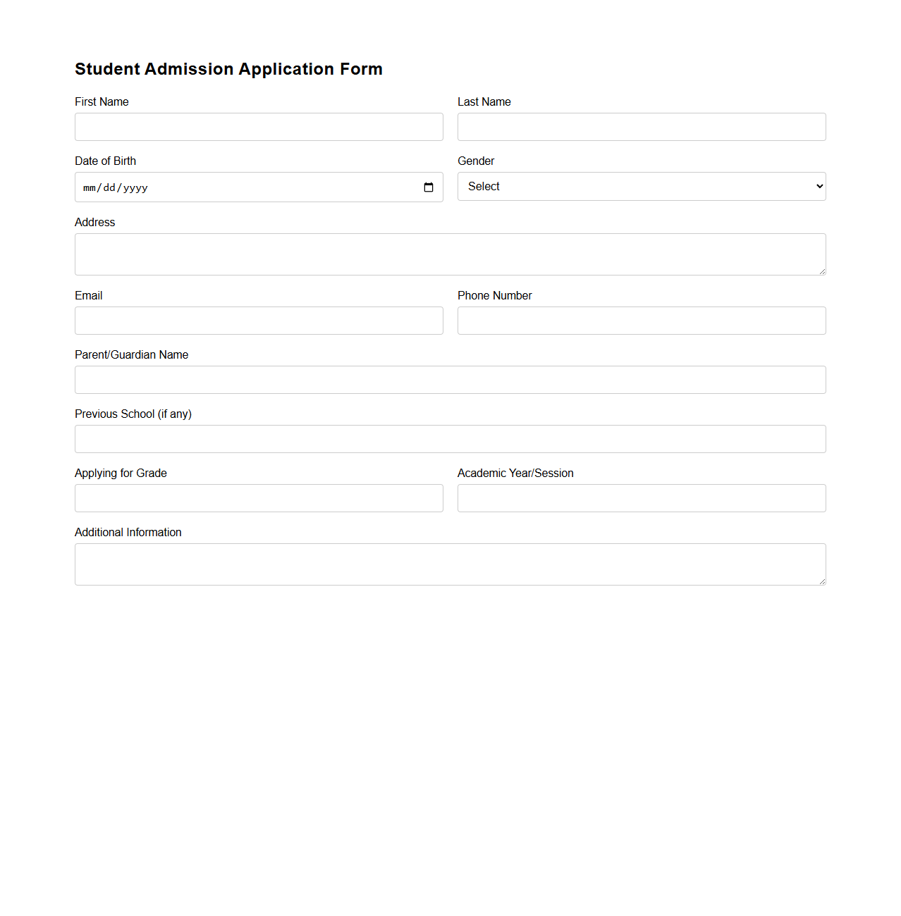 Student Admission Application Form Template