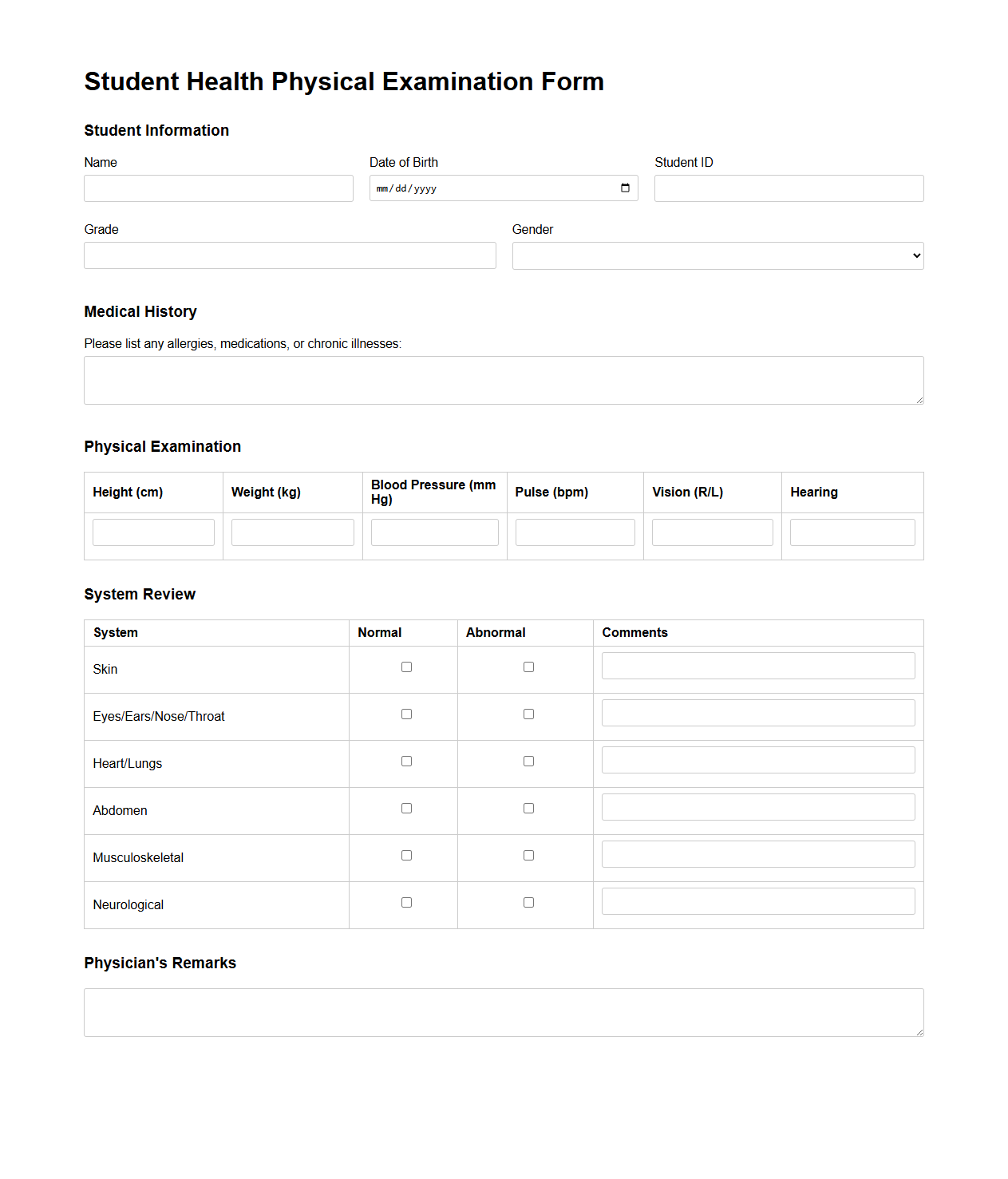 Student Health Physical Examination Example