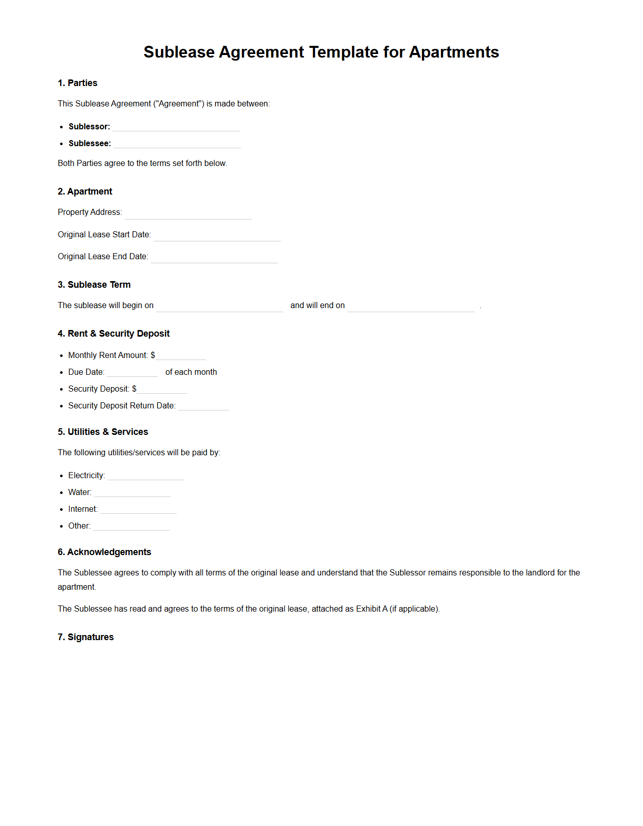 Sublease Agreement Template for Apartments