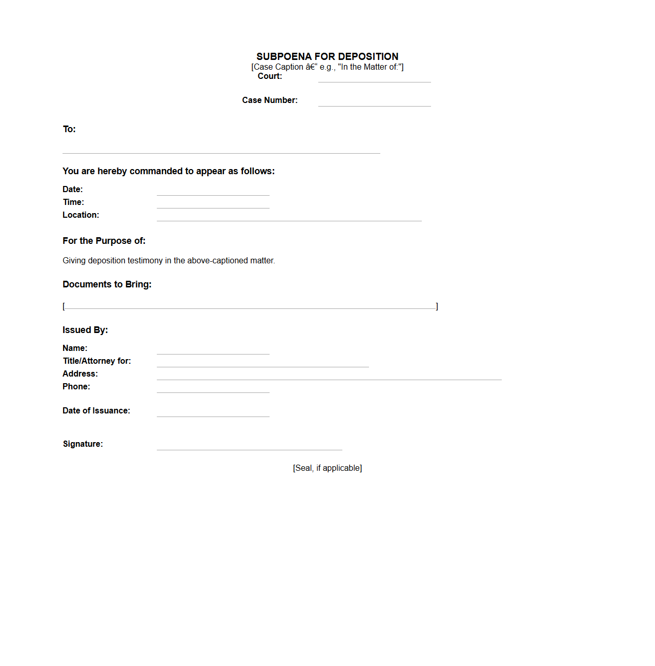 Subpoena for Deposition Example
