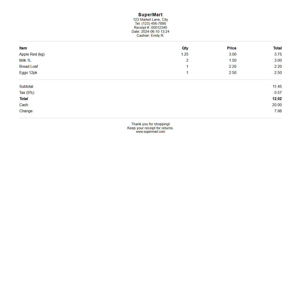 Supermarket POS Receipt Example