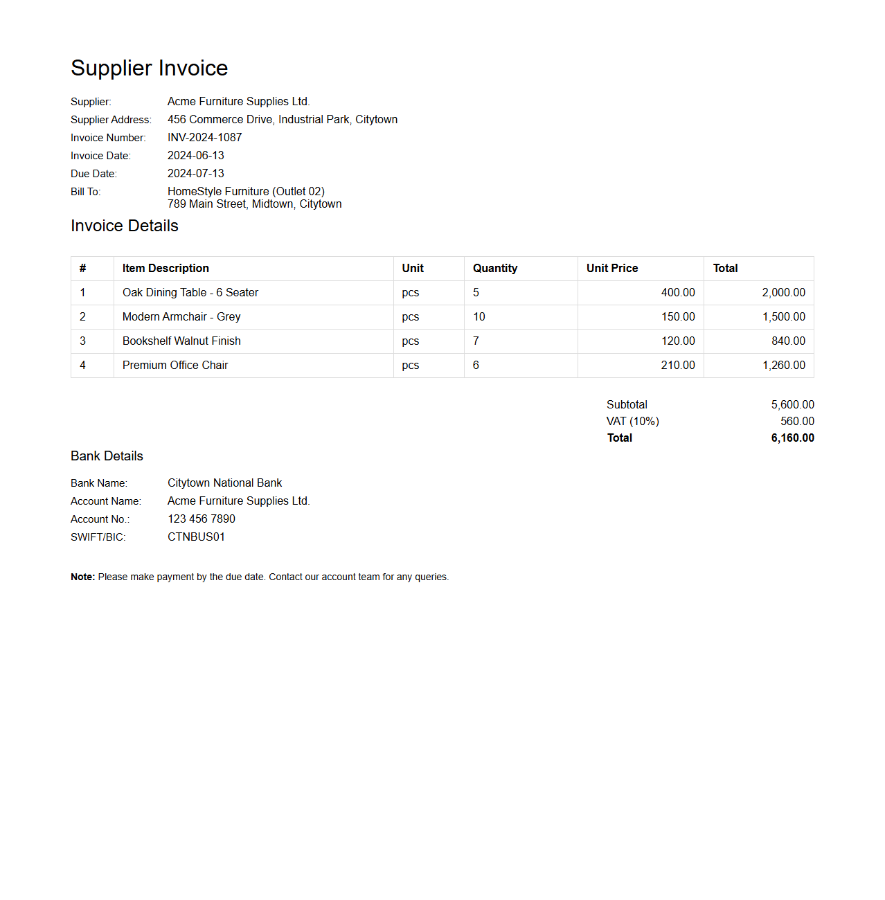 Supplier Invoice Example for Furniture Retail Outlets