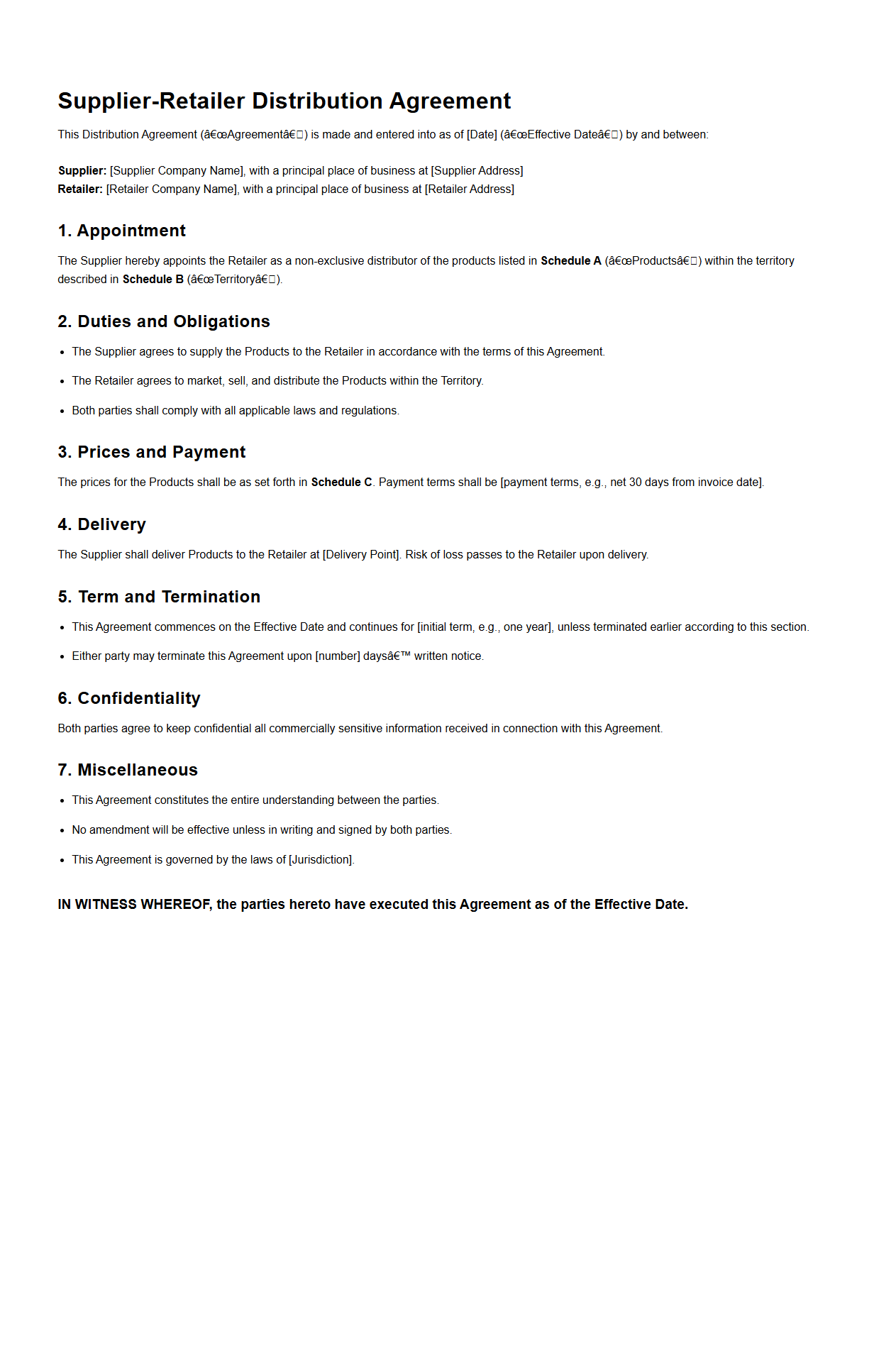 Supplier-Retailer Distribution Agreement Example
