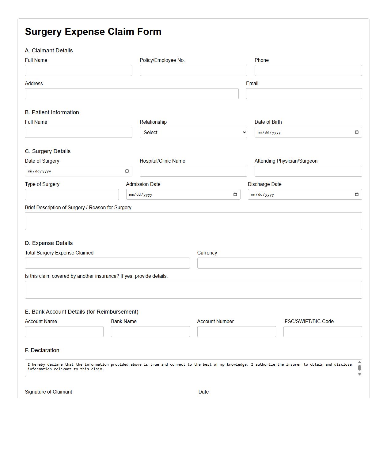 Surgery Expense Claim Form Example