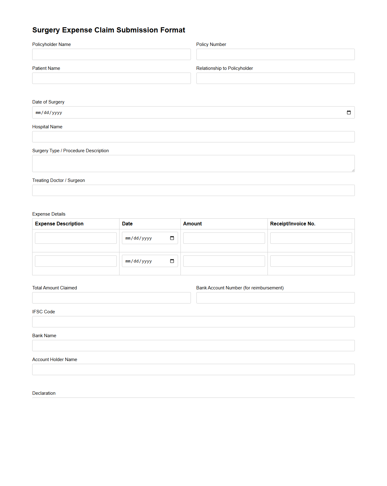 Surgery Expense Claim Submission Format