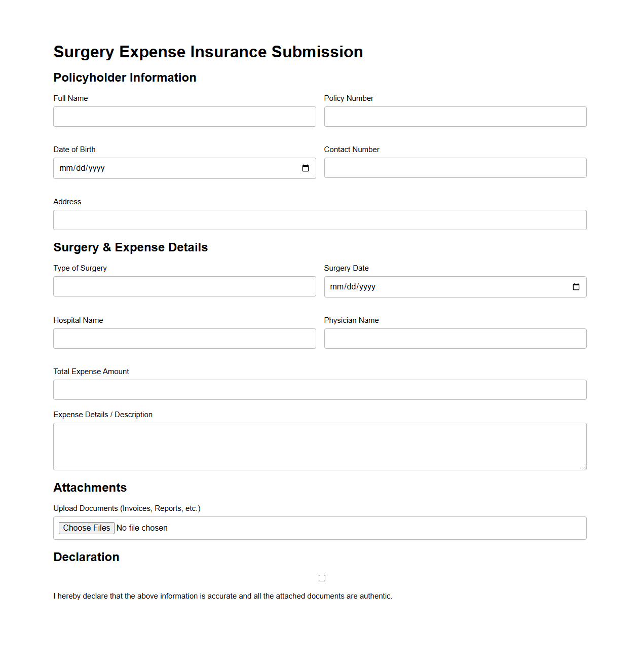 Surgery Expense Insurance Submission Template