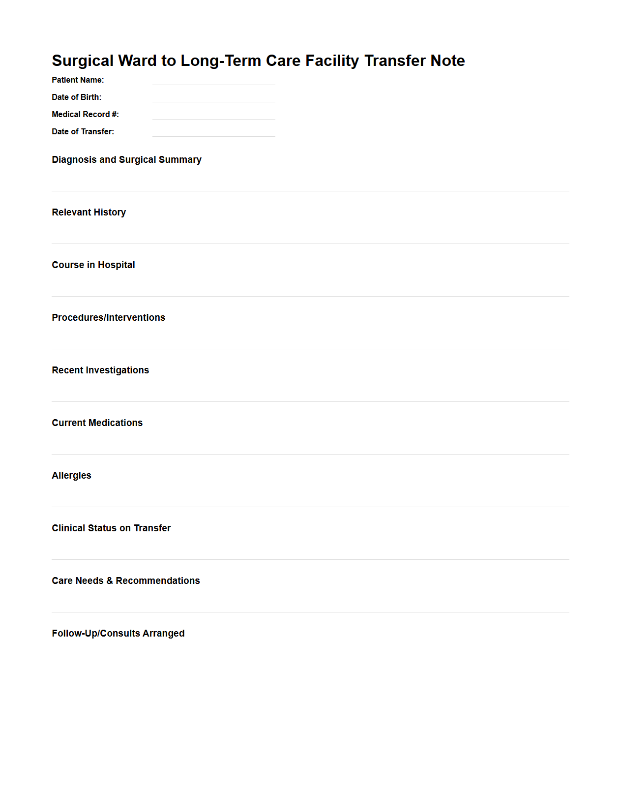 Surgical Ward to Long-Term Care Facility Transfer Note