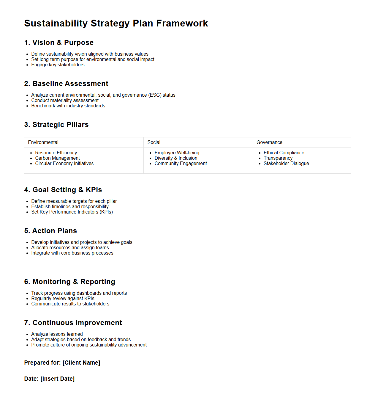 Sustainability Strategy Plan Framework for Consulting
